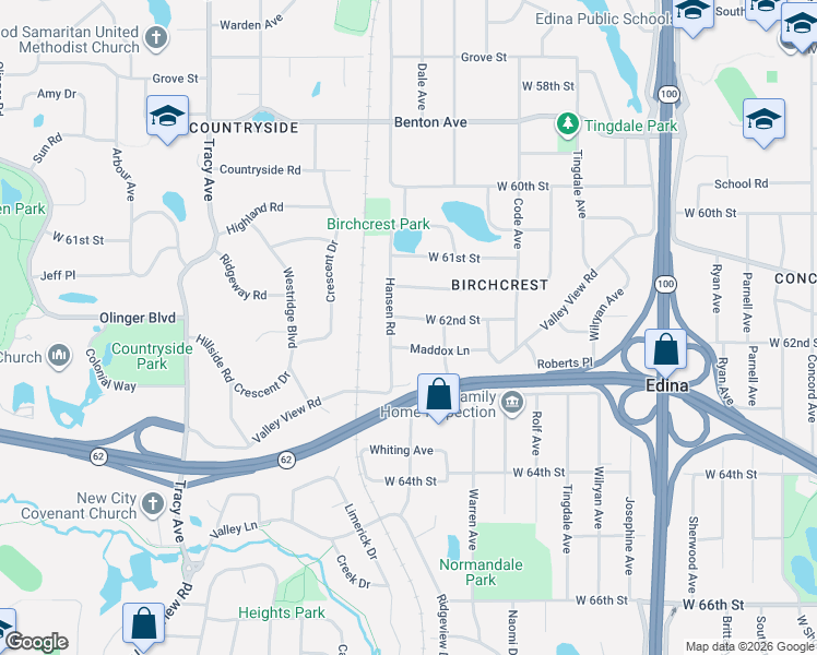 map of restaurants, bars, coffee shops, grocery stores, and more near 5321 Birchcrest Drive in Minneapolis