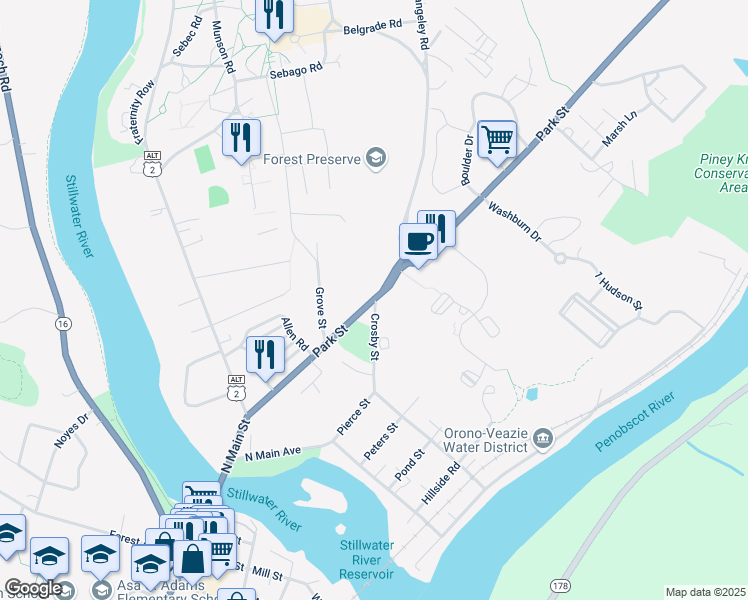 map of restaurants, bars, coffee shops, grocery stores, and more near 88 Park Street in Orono