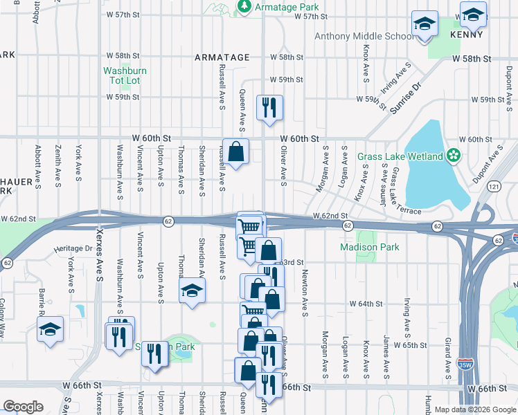 map of restaurants, bars, coffee shops, grocery stores, and more near 6134 Penn Avenue South in Minneapolis