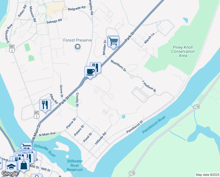 map of restaurants, bars, coffee shops, grocery stores, and more near Orchard Trails Drive in Orono