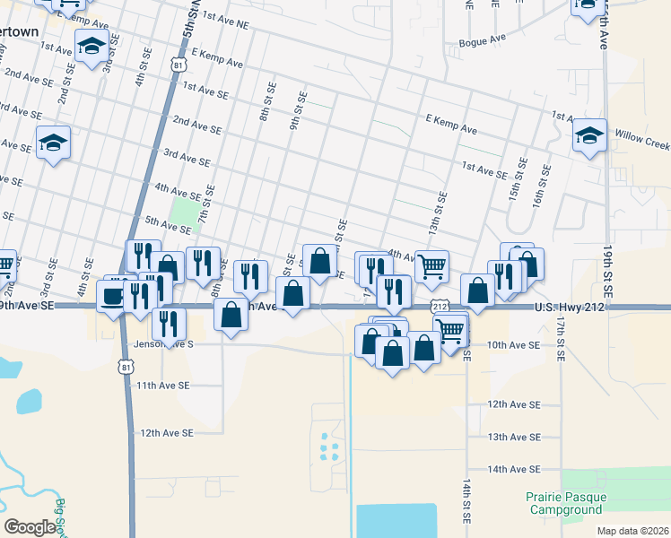 map of restaurants, bars, coffee shops, grocery stores, and more near 1030 4th Avenue Southeast in Watertown