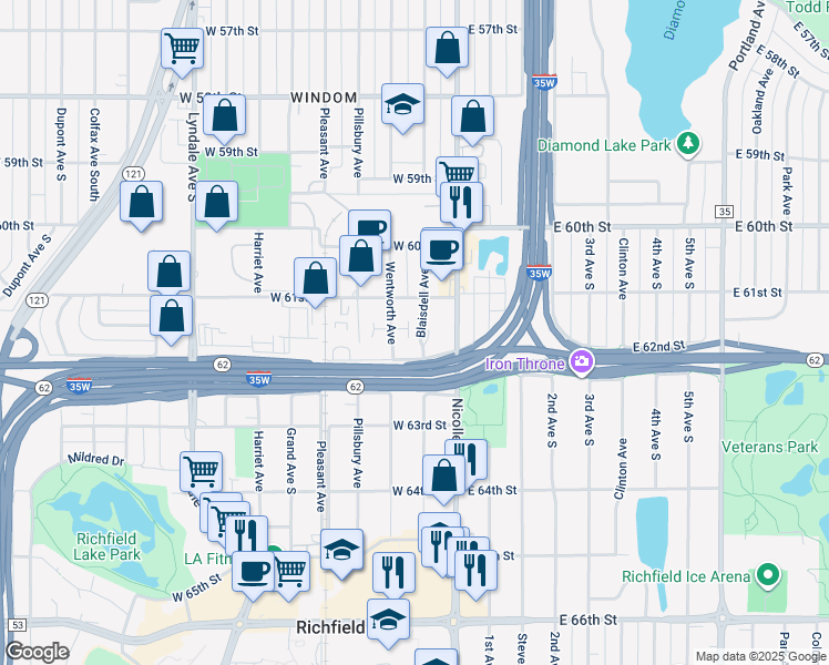 map of restaurants, bars, coffee shops, grocery stores, and more near 6105 Wentworth Avenue in Minneapolis