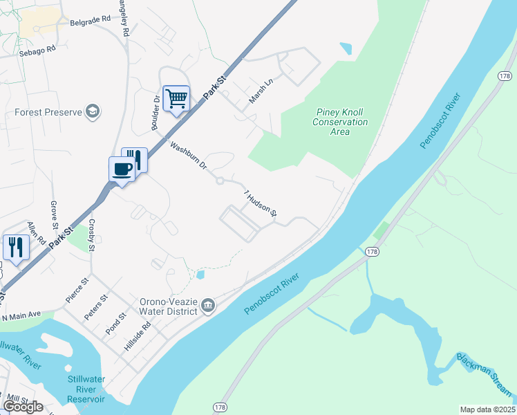 map of restaurants, bars, coffee shops, grocery stores, and more near 1 Hudson Street in Orono