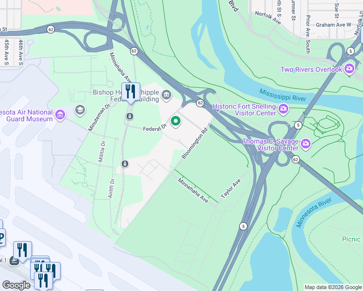 map of restaurants, bars, coffee shops, grocery stores, and more near 6000-6266 Bloomington Rd in Hennepin
