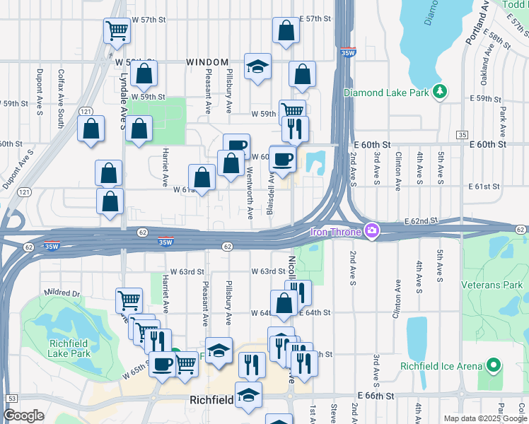 map of restaurants, bars, coffee shops, grocery stores, and more near 6105 Wentworth Avenue in Minneapolis