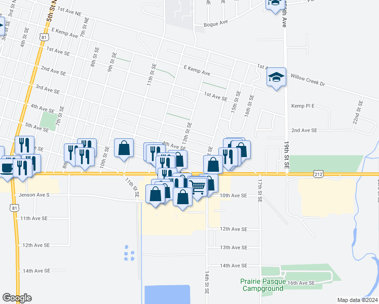 map of restaurants, bars, coffee shops, grocery stores, and more near 301-399 13th St SE in Watertown