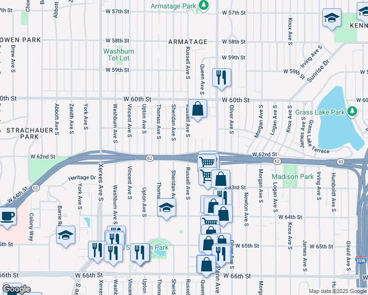 map of restaurants, bars, coffee shops, grocery stores, and more near 6113 Sheridan Avenue South in Minneapolis