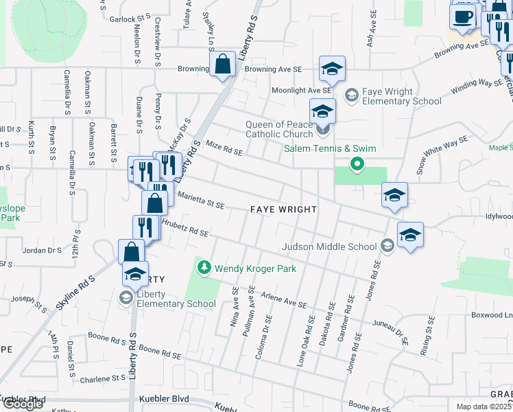 map of restaurants, bars, coffee shops, grocery stores, and more near 2655 Marietta Street Southeast in Salem