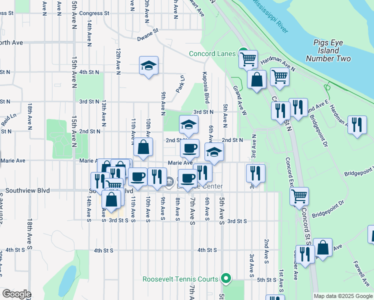map of restaurants, bars, coffee shops, grocery stores, and more near 143 8th Avenue South in South Saint Paul