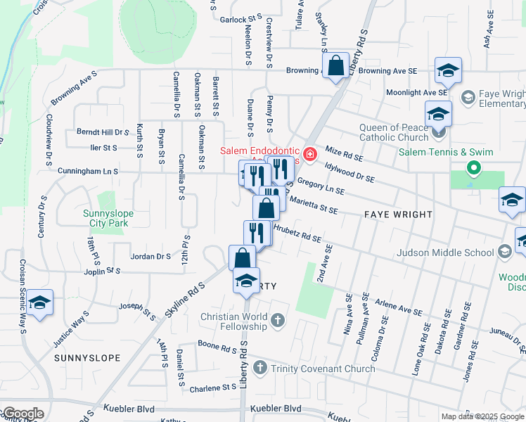 map of restaurants, bars, coffee shops, grocery stores, and more near 4555 Liberty Road South in Salem