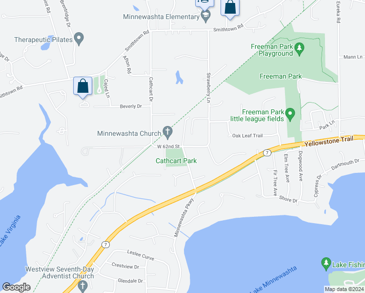 map of restaurants, bars, coffee shops, grocery stores, and more near W 62nd St & Church Rd in Shorewood