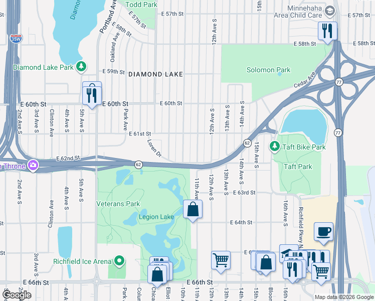 map of restaurants, bars, coffee shops, grocery stores, and more near 6108 11th Avenue South in Minneapolis
