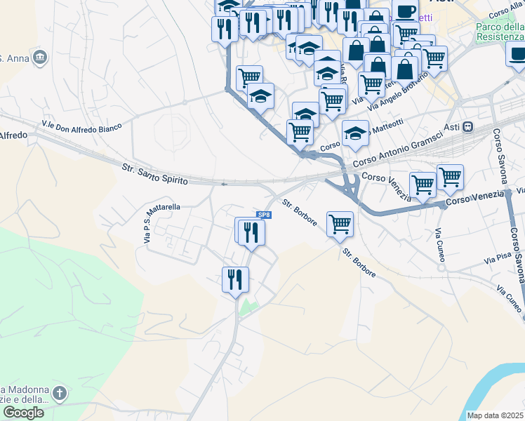 map of restaurants, bars, coffee shops, grocery stores, and more near 8-24 Corso Alba in Asti