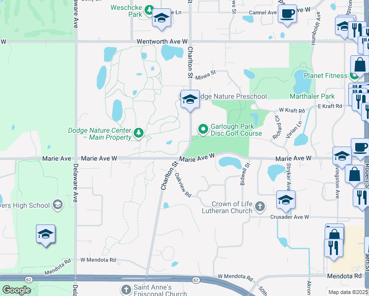 map of restaurants, bars, coffee shops, grocery stores, and more near 1811 Charlton Street in Saint Paul