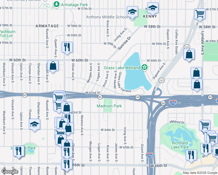 map of restaurants, bars, coffee shops, grocery stores, and more near 6060 James Avenue South in Minneapolis