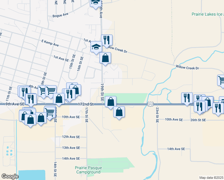 map of restaurants, bars, coffee shops, grocery stores, and more near 1928 2nd Avenue Southeast in Watertown