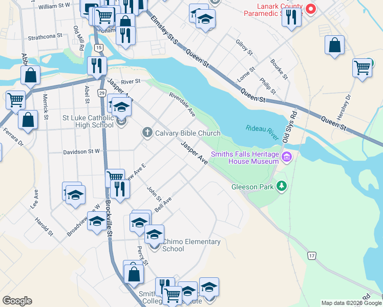 map of restaurants, bars, coffee shops, grocery stores, and more near in Smiths Falls