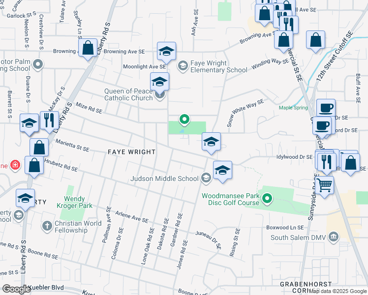map of restaurants, bars, coffee shops, grocery stores, and more near 423 Idylwood Drive Southeast in Salem