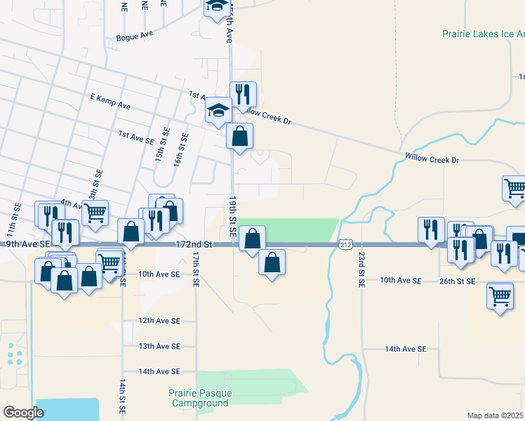 map of restaurants, bars, coffee shops, grocery stores, and more near 218 19th Street Southeast in Watertown