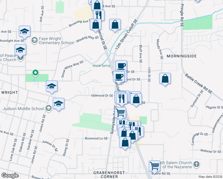 map of restaurants, bars, coffee shops, grocery stores, and more near 4343 Sunnyside Road Southeast in Salem