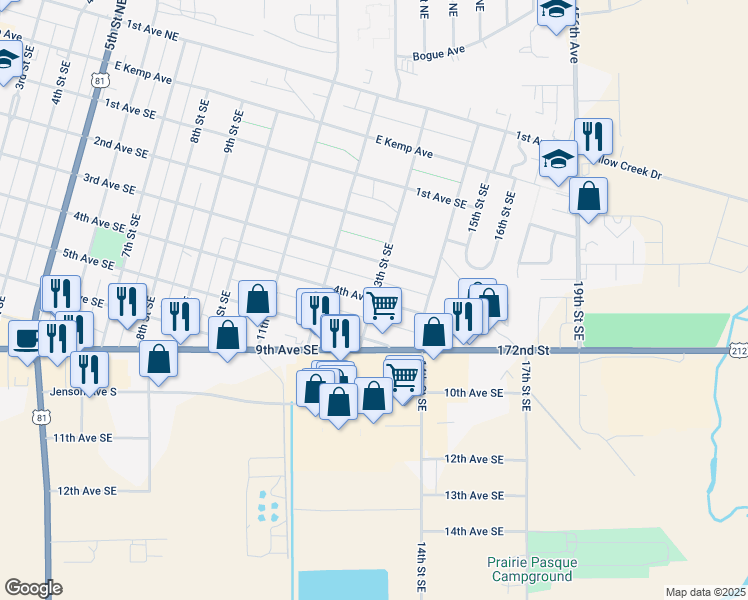 map of restaurants, bars, coffee shops, grocery stores, and more near 399 13th St SE in Watertown
