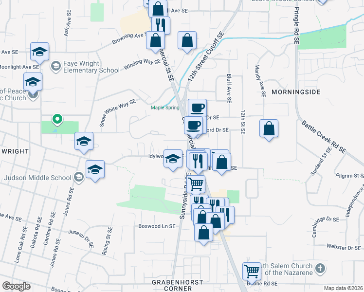 map of restaurants, bars, coffee shops, grocery stores, and more near 4343 Sunnyside Road Southeast in Salem