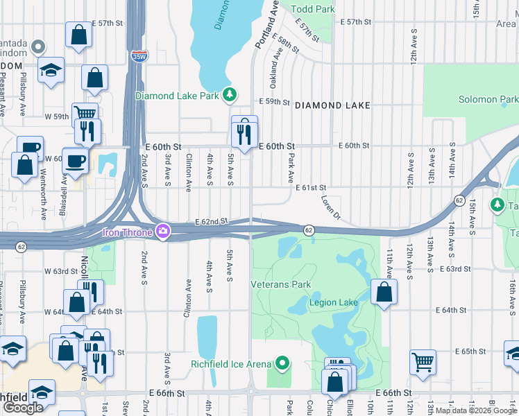 map of restaurants, bars, coffee shops, grocery stores, and more near 6150 Park Avenue in Minneapolis