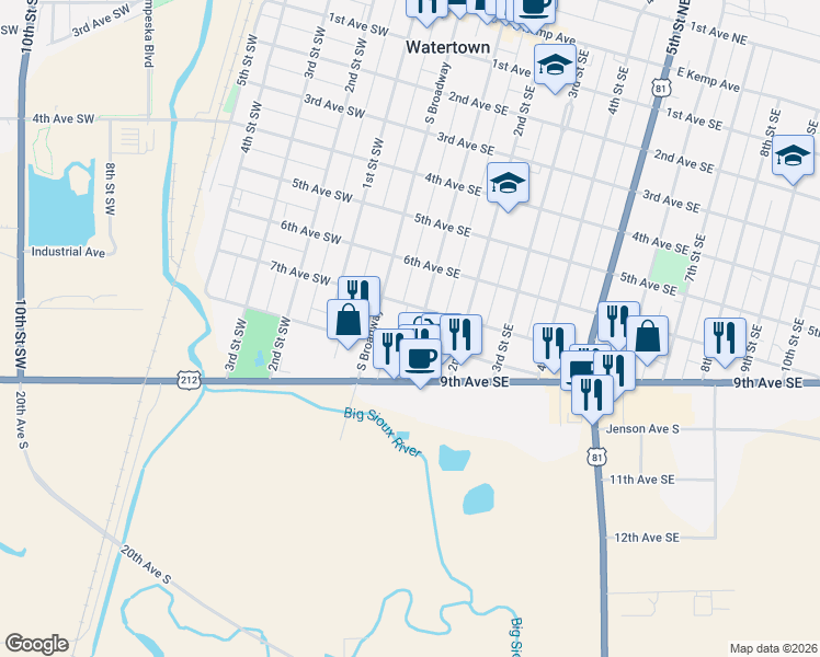 map of restaurants, bars, coffee shops, grocery stores, and more near 715 South Maple in Watertown
