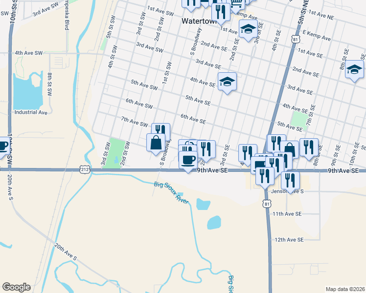 map of restaurants, bars, coffee shops, grocery stores, and more near 715 South Maple in Watertown