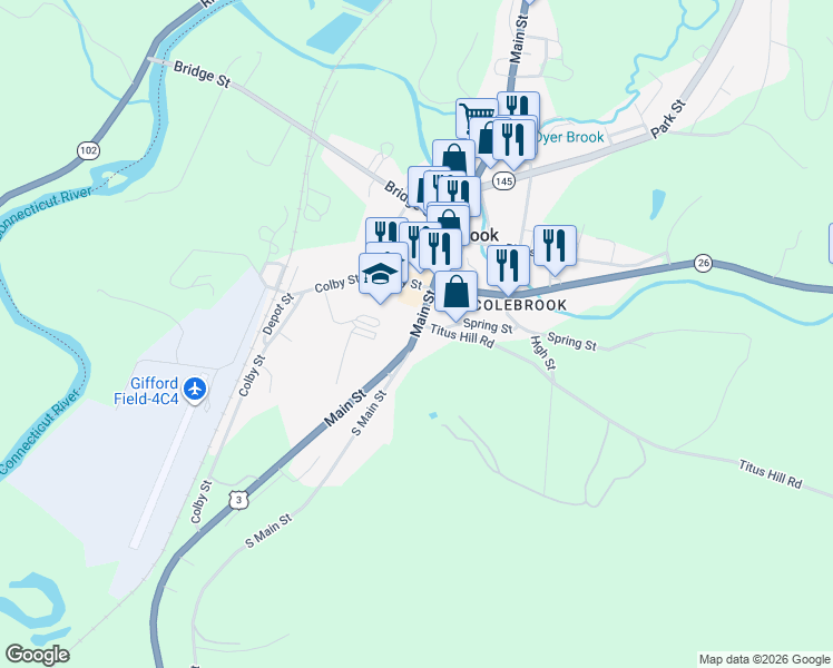 map of restaurants, bars, coffee shops, grocery stores, and more near 257 Main Street in Colebrook