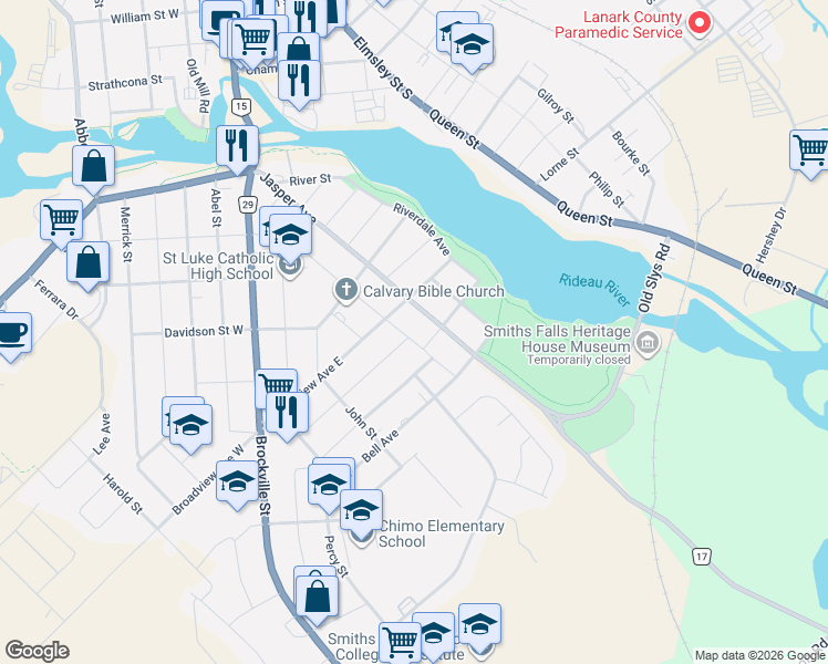 map of restaurants, bars, coffee shops, grocery stores, and more near in Smiths Falls
