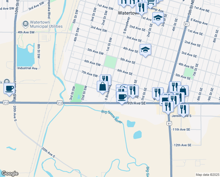 map of restaurants, bars, coffee shops, grocery stores, and more near 3 8th Avenue Southeast in Watertown