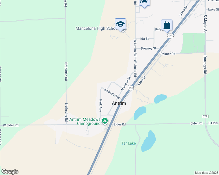 map of restaurants, bars, coffee shops, grocery stores, and more near 9831 Brown Street in Mancelona