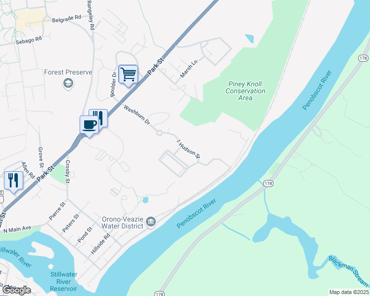 map of restaurants, bars, coffee shops, grocery stores, and more near 1 Hudson Street in Orono