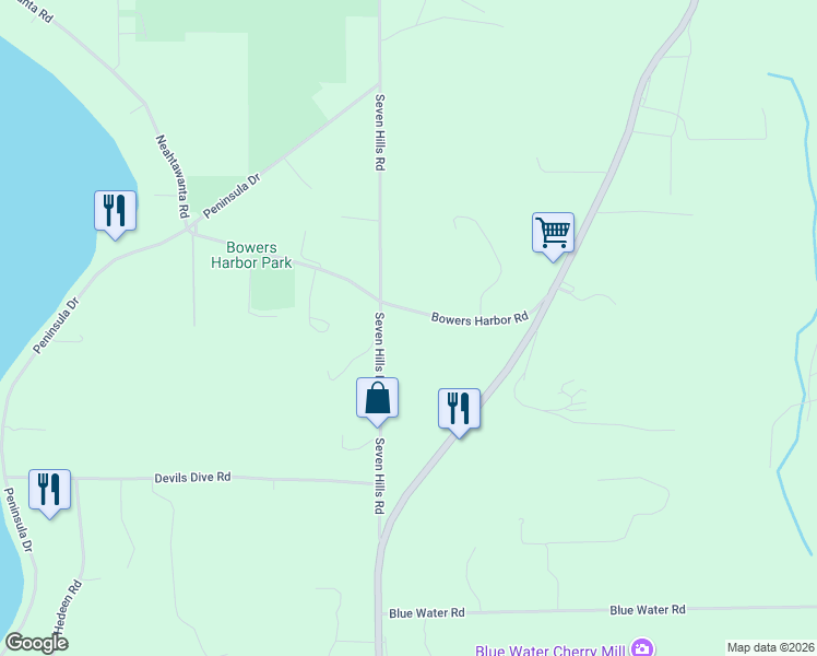 map of restaurants, bars, coffee shops, grocery stores, and more near 3075 Bowers Harbor Road in Traverse City