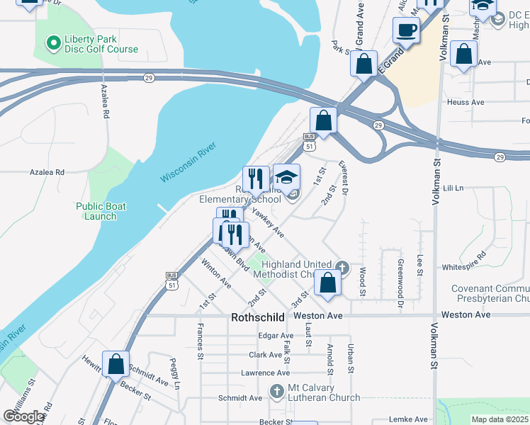 map of restaurants, bars, coffee shops, grocery stores, and more near 20 Yawkey Avenue in Rothschild