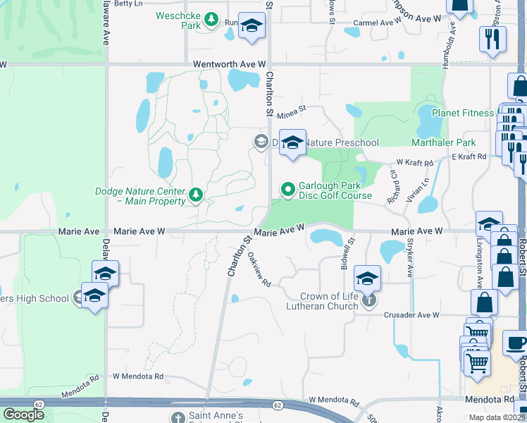 map of restaurants, bars, coffee shops, grocery stores, and more near 1811 Charlton Street in Saint Paul
