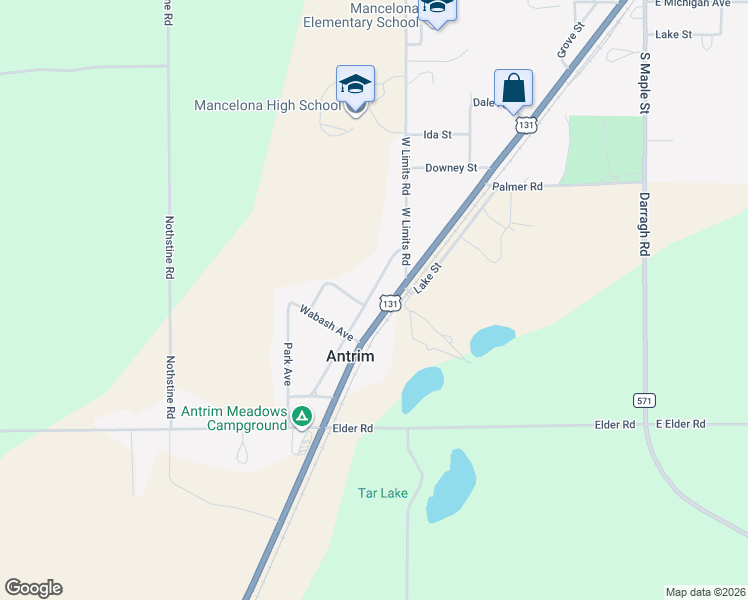 map of restaurants, bars, coffee shops, grocery stores, and more near 9702 N Front St in Mancelona