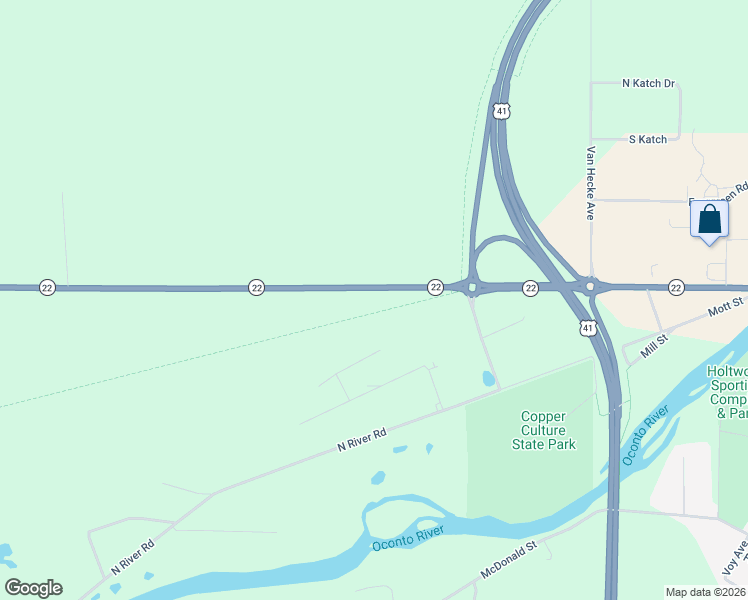 map of restaurants, bars, coffee shops, grocery stores, and more near Wisconsin 22 in Oconto