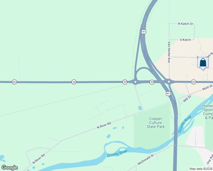 map of restaurants, bars, coffee shops, grocery stores, and more near Wisconsin 22 in Oconto