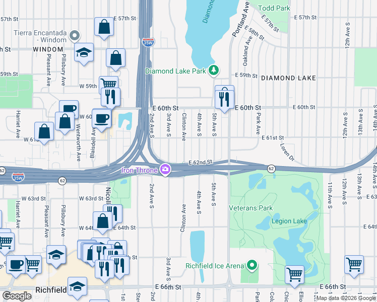 map of restaurants, bars, coffee shops, grocery stores, and more near 6113 Clinton Avenue in Minneapolis