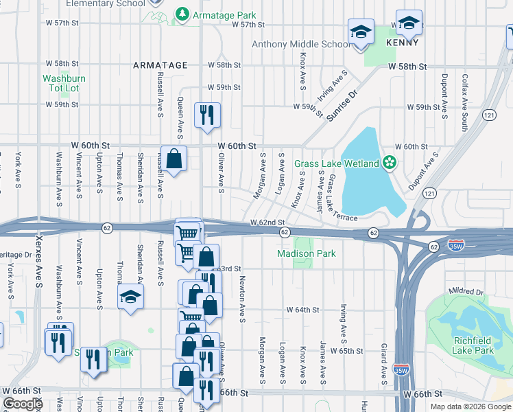 map of restaurants, bars, coffee shops, grocery stores, and more near 6060 Logan Avenue South in Minneapolis
