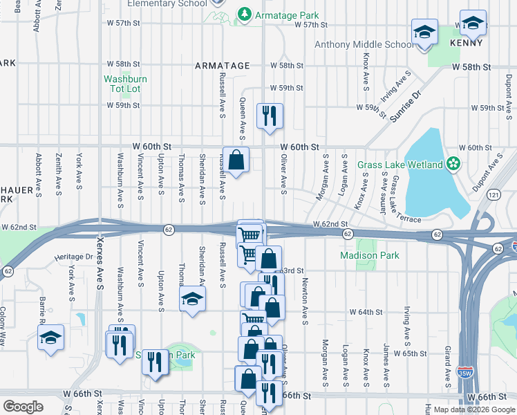 map of restaurants, bars, coffee shops, grocery stores, and more near 6116 Penn Avenue South in Minneapolis