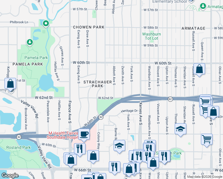 map of restaurants, bars, coffee shops, grocery stores, and more near 6113 Abbott Avenue South in Edina