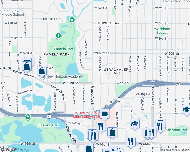 map of restaurants, bars, coffee shops, grocery stores, and more near 6113 France Avenue South in Edina