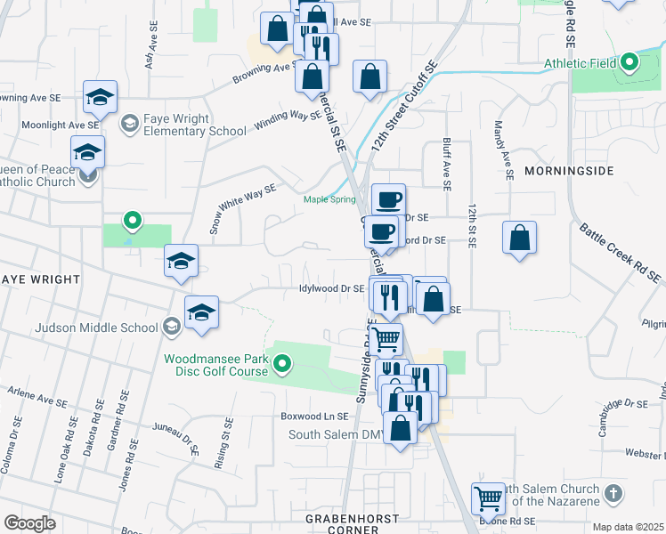 map of restaurants, bars, coffee shops, grocery stores, and more near 775 Idylwood Drive Southeast in Salem
