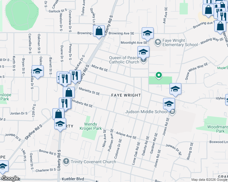 map of restaurants, bars, coffee shops, grocery stores, and more near 212 Gregory Lane Southeast in Salem