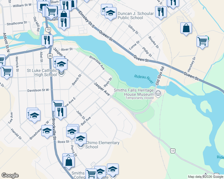map of restaurants, bars, coffee shops, grocery stores, and more near 222 Frost Street in Smiths Falls