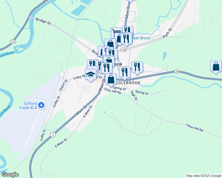 map of restaurants, bars, coffee shops, grocery stores, and more near 10 Spring Street in Colebrook