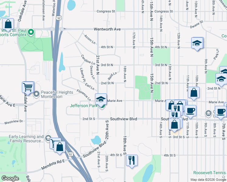 map of restaurants, bars, coffee shops, grocery stores, and more near 144 20th Avenue South in South Saint Paul